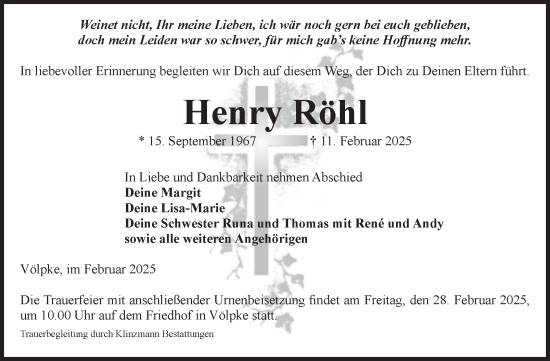 Traueranzeige von Henry Röhl von Volksstimme Oschersleben/Wanzleben