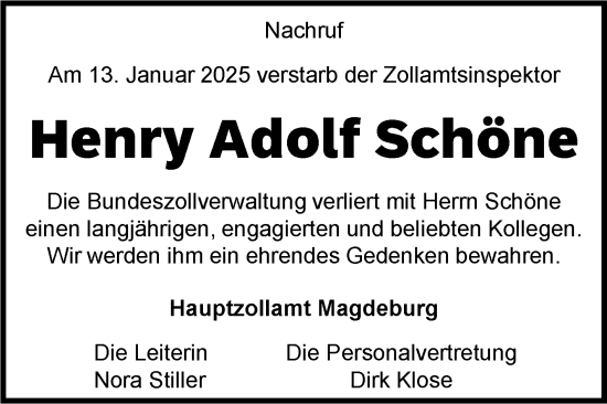 Traueranzeige von Henry Adolf Schöne von Volksstimme Haldensleben/Wolmirstedt