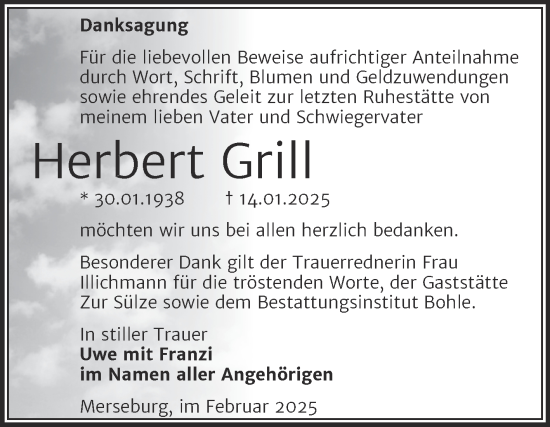 Traueranzeige von Herbert Grill von Trauerkombi Merseburg