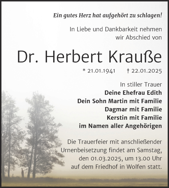 Traueranzeige von Herbert Krauße von Trauerkombi Bitterfeld