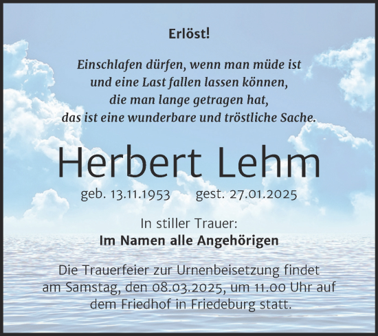 Traueranzeige von Herbert Lehm von Trauerkombi Mansfelder Land