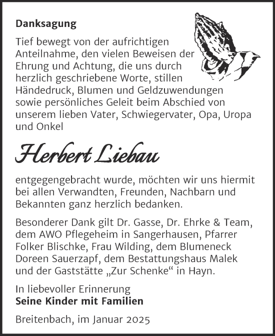 Traueranzeige von Herbert Liebau von Trauerkombi Sangerhausen