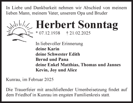 Traueranzeige von Herbert Sonntag von Volksstimme Altmark West