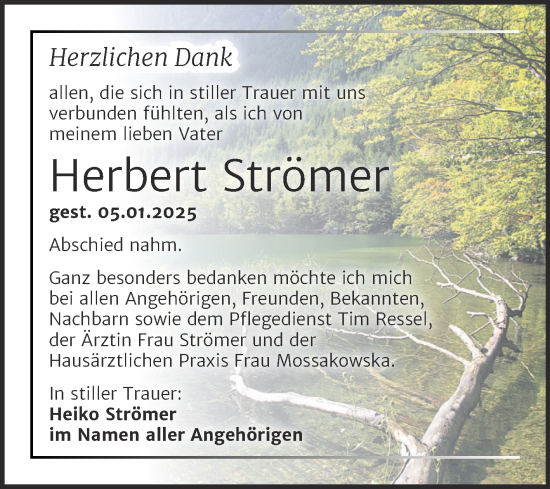 Traueranzeige von Herbert Strömer von Trauerkombi Wittenberg