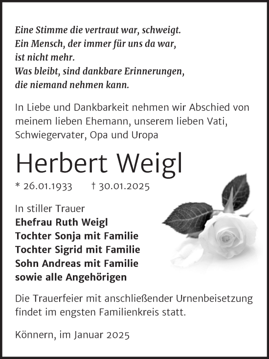 Traueranzeige von Herbert Weigl von Trauerkombi Bernburg