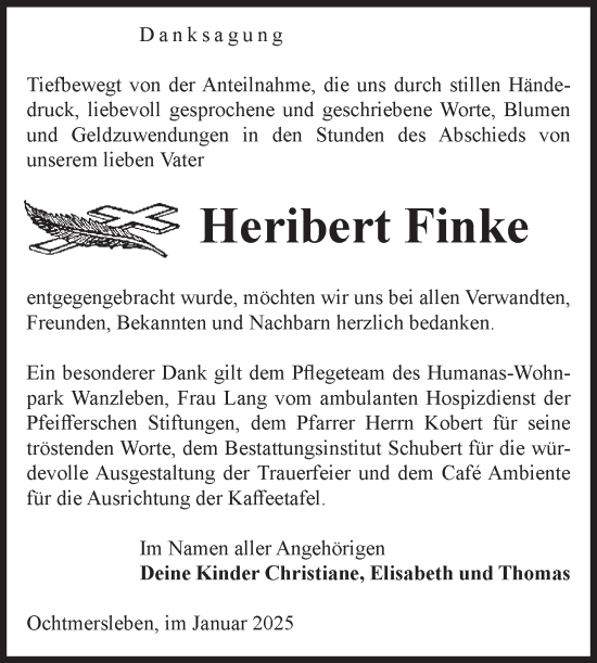 Traueranzeige von Heribert Finke von Volksstimme Oschersleben/Wanzleben