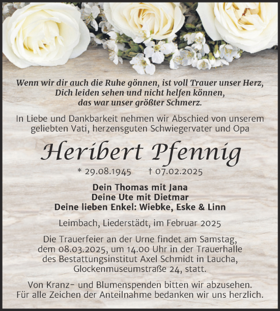 Traueranzeige von Heribert Pfennig von Trauerkombi Merseburg