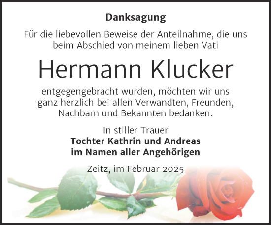 Traueranzeige von Hermann Klucker von Trauerkombi Zeitz