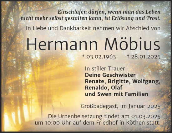 Traueranzeige von Hermann Möbius von Trauerkombi Köthen