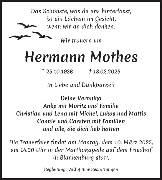 Traueranzeige von Hermann Mothes von Volksstimme Wernigerode
