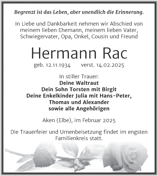 Traueranzeige von Hermann Rac von Trauerkombi Köthen