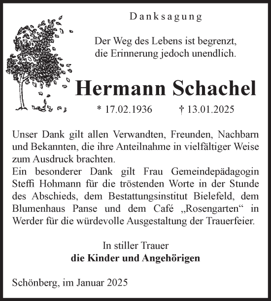 Traueranzeige von Hermann Schachel von Volksstimme Altmark Ost