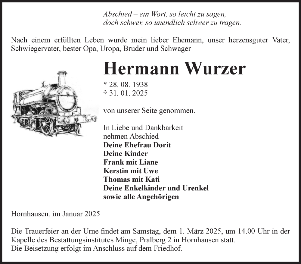  Traueranzeige für Hermann Wurzer vom 08.02.2025 aus Volksstimme Oschersleben/Wanzleben