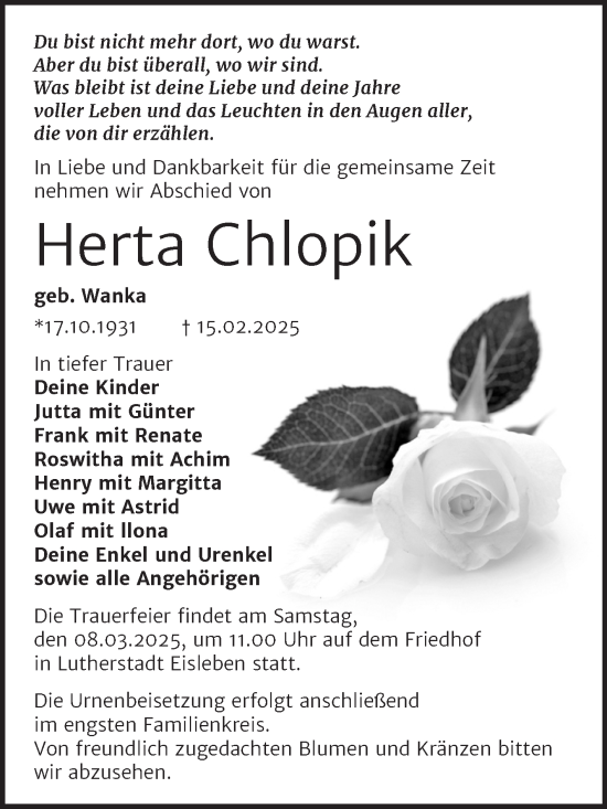 Traueranzeige von Herta Chlopik von Trauerkombi Mansfelder Land