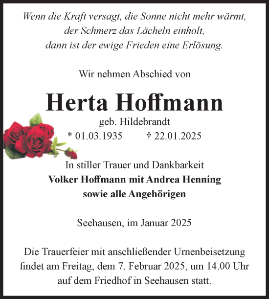 Traueranzeige von Herta Hoffmann von Volksstimme Altmark Ost