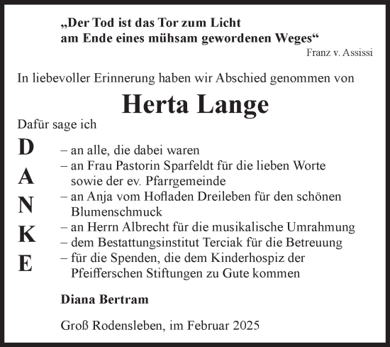 Traueranzeige von Herta Lange von Volksstimme Oschersleben/Wanzleben