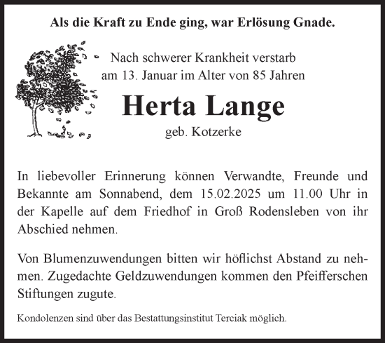Traueranzeige von Herta Lange von Volksstimme Oschersleben/Wanzleben