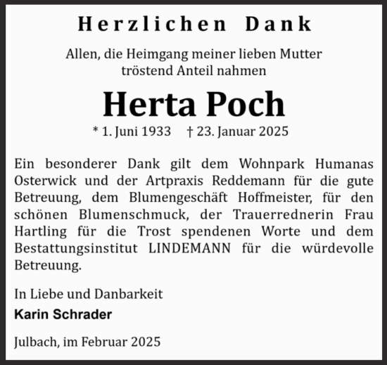 Traueranzeige von Herta Poch von Volksstimme Halberstadt