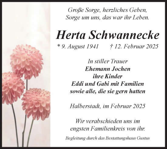 Traueranzeige von Herta Schwannecke von Volksstimme Halberstadt