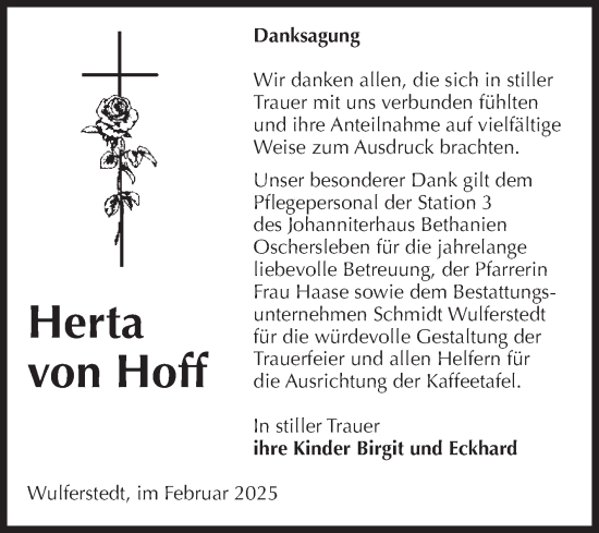 Traueranzeige von Herta von Hoff von Volksstimme Oschersleben/Wanzleben