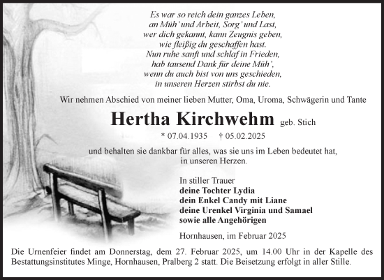 Traueranzeige von Hertha Kirchwehm von Volksstimme Oschersleben/Wanzleben