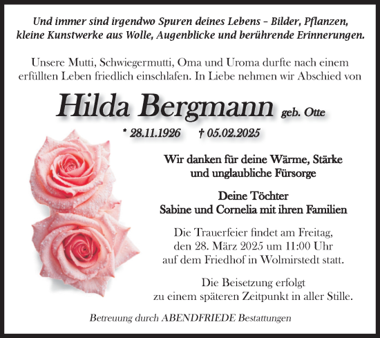 Traueranzeige von Hilda Bergmann von Volksstimme Haldensleben/Wolmirstedt