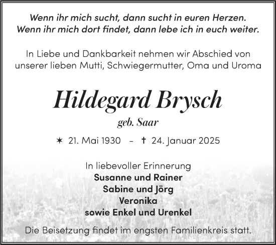 Traueranzeige von Hildegard Brysch von Trauerkombi Quedlinburg