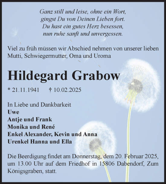 Traueranzeige von Hildegard Grabow von Volksstimme Burg/Genthin