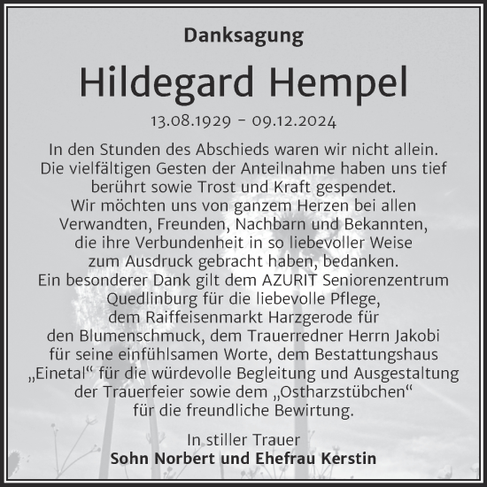 Traueranzeige von Hildegard Hempel von Super Sonntag Quedlingburg