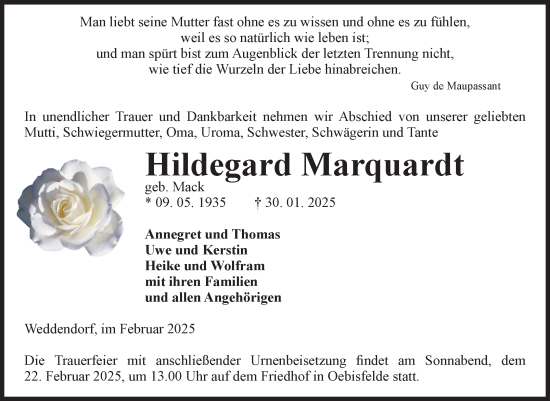 Traueranzeige von Hildegard Marquardt von Volksstimme Altmark West