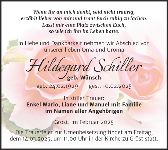 Traueranzeige von Hildegard Schiller von Trauerkombi Merseburg