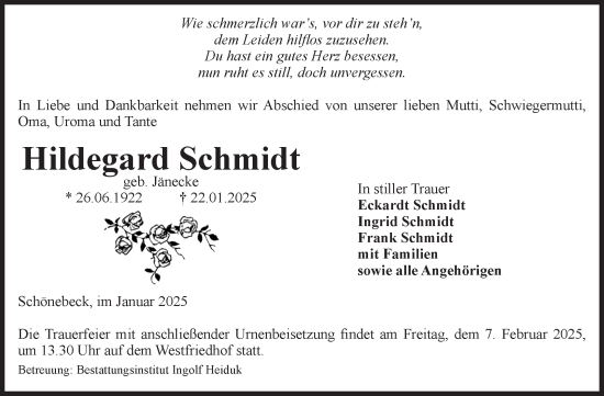 Traueranzeige von Hildegard Schmidt von Volksstimme Schönebeck
