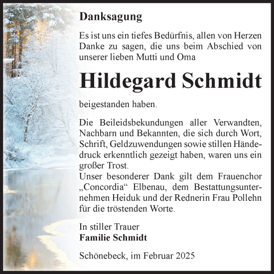 Traueranzeige von Hildegard Schmidt von Volksstimme Schönebeck