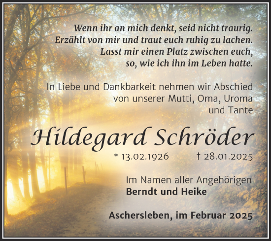 Traueranzeige von Hildegard Schröder von Trauerkombi Aschersleben