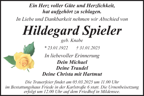 Traueranzeige von Hildegard Spieler von Trauerkombi Dessau