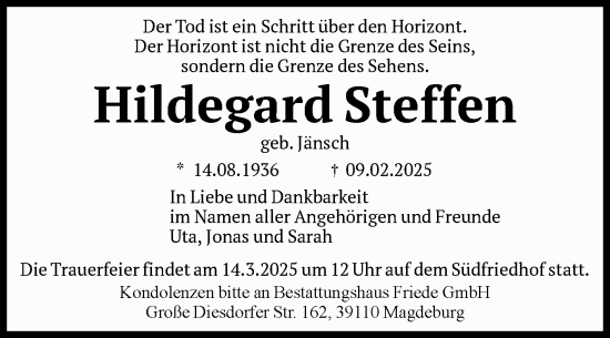 Traueranzeige von Hildegard Steffen von Volksstimme Magdeburg