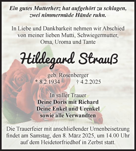 Traueranzeige von Hildegard Strauß von Volksstimme Zerbst