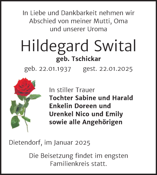 Traueranzeige von Hildegard Swital von Trauerkombi Zeitz
