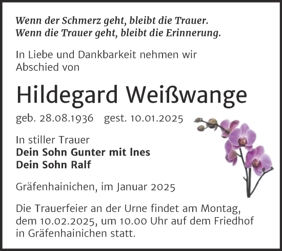 Traueranzeige von Hildegard Weißwange von Trauerkombi Wittenberg