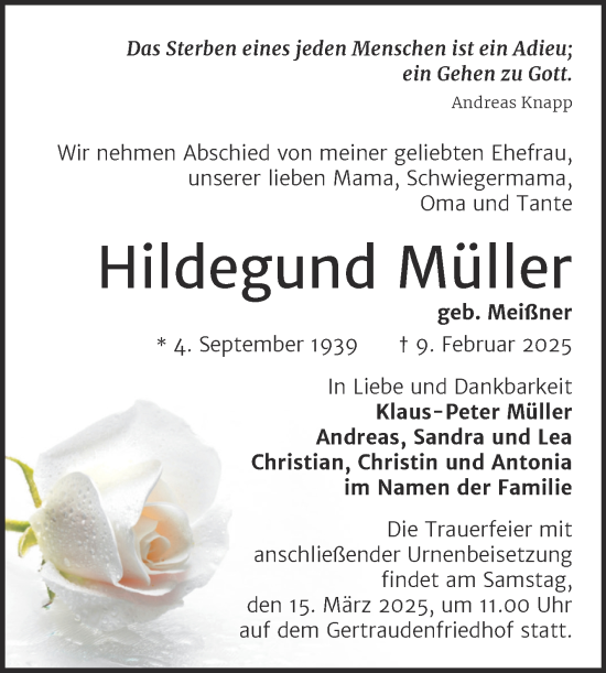Traueranzeige von Hildegund Müller von Mitteldeutsche Zeitung Halle/Saalkreis