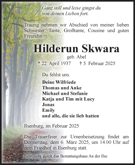 Traueranzeige von Hilderun Skwara von Volksstimme Wernigerode