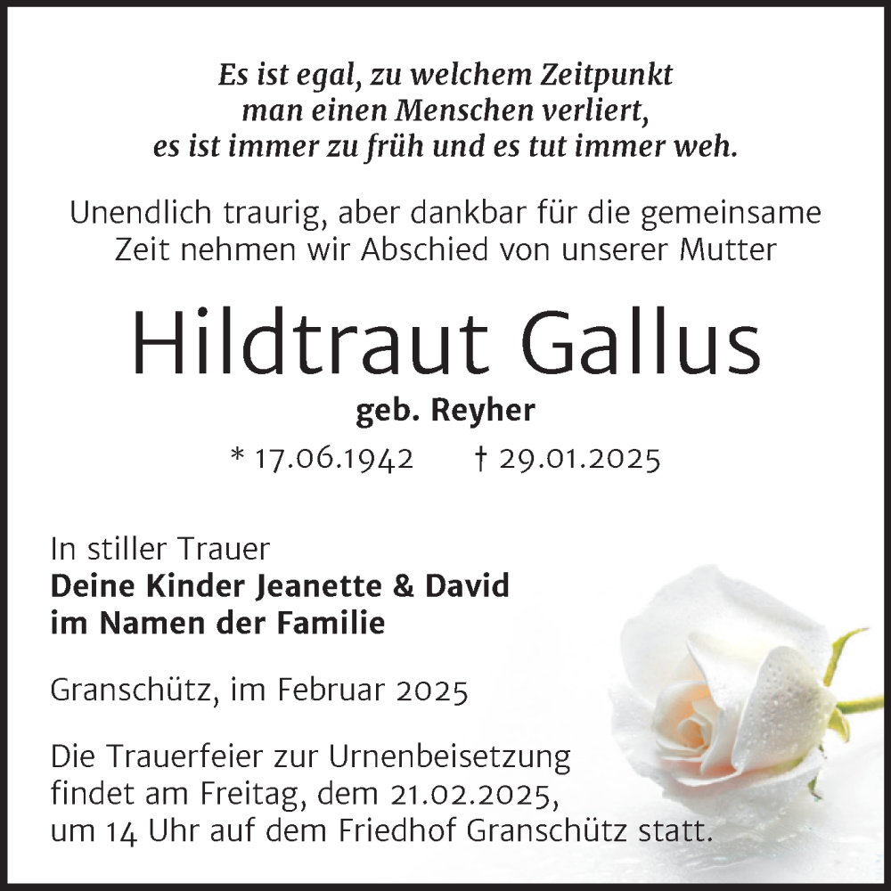  Traueranzeige für Hildtraut Gallus vom 08.02.2025 aus Trauerkombi Weißenfels
