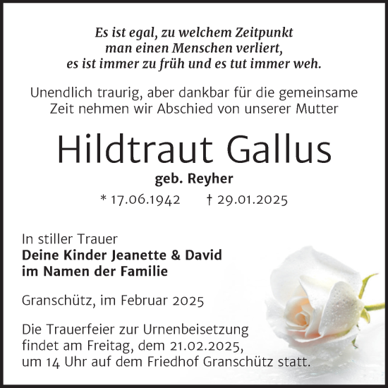 Traueranzeige von Hildtraut Gallus von Trauerkombi Weißenfels