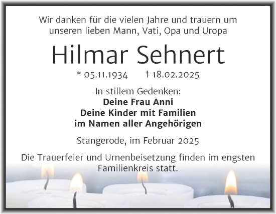 Traueranzeige von Hilmar Sehnert von Trauerkombi Mansfelder Land