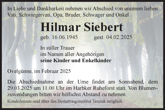 Traueranzeige von Hilmar Siebert von Volksstimme Oschersleben/Wanzleben