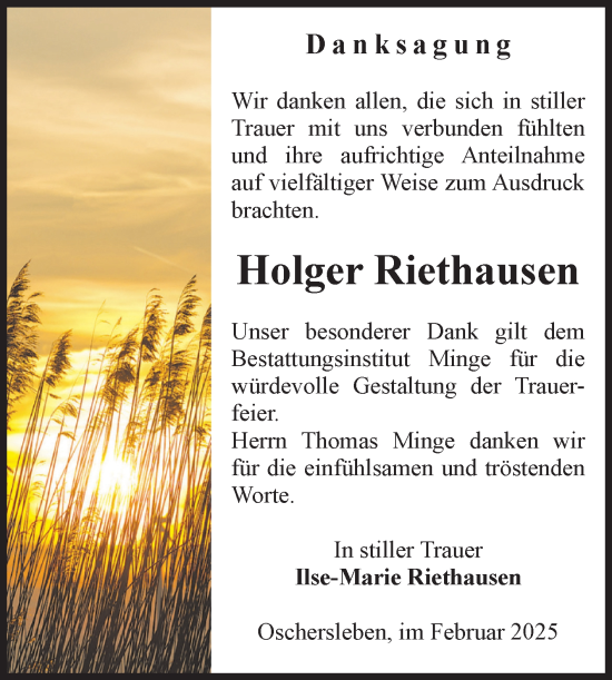 Traueranzeige von Holger Riethausen von Volksstimme Oschersleben/Wanzleben