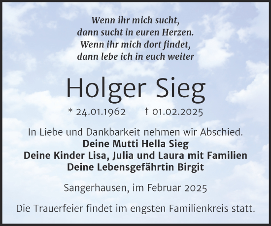 Traueranzeige von Holger Sieg von Trauerkombi Sangerhausen