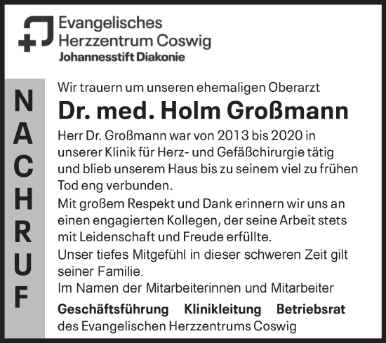 Traueranzeige von Holm Großmann von Super Sonntag Wittenberg