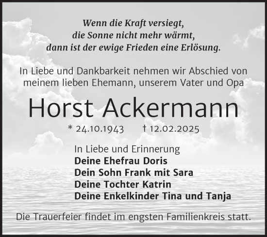 Traueranzeige von Horst Ackermann von Super Sonntag Wittenberg
