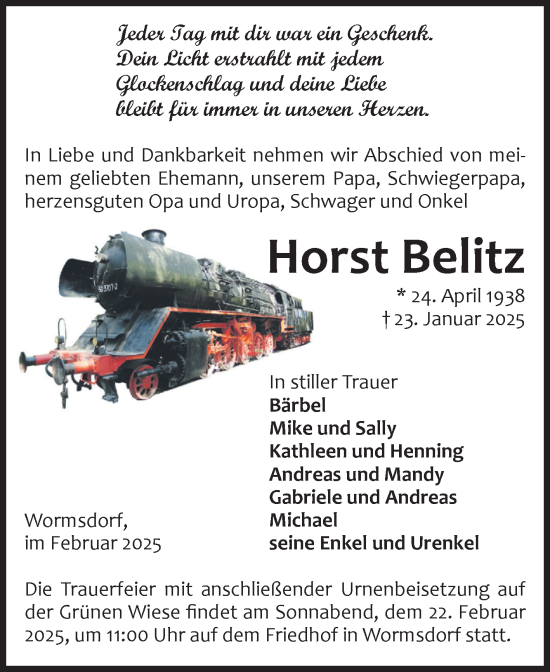 Traueranzeige von Horst Belitz von Volksstimme Oschersleben/Wanzleben